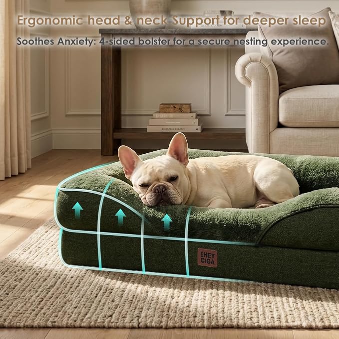 EHEYCIGA Orthopedic XXL Dog Bed for Large Sized Dog, 52x41 Inch Extra Large Memory Foam Dog Couch Bed with Sides, Waterproof Liner & Washable Removable Cover, Bolster Pet Sofa, Dark Green