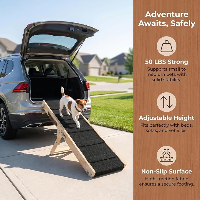 Wooden Dog Ramp for Bed and Couch, 4 Adjustable Heights Folding Pet Ramp with High Traction Fabric Surface, Portable Solid Pine Wood Dog Steps for Couch, Max 25KG (Trumpet)