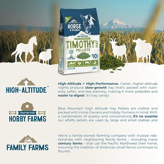 Blue Mountain Hay High Altitude Timothy Hay Pellets (40 lb), Ultra Premium Nutrient Dense Forage, Small Quick Soaking Low Dust Pellets, Easy to Measure, Automatic Feeder Friendly