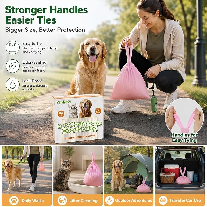Odor Sealing Dog Poop Bags with Handles – 100 Count – Large Capacity | Heavy Duty Thick Pet Waste Bags - Leak Proof, Odor - Blocking (Pink)