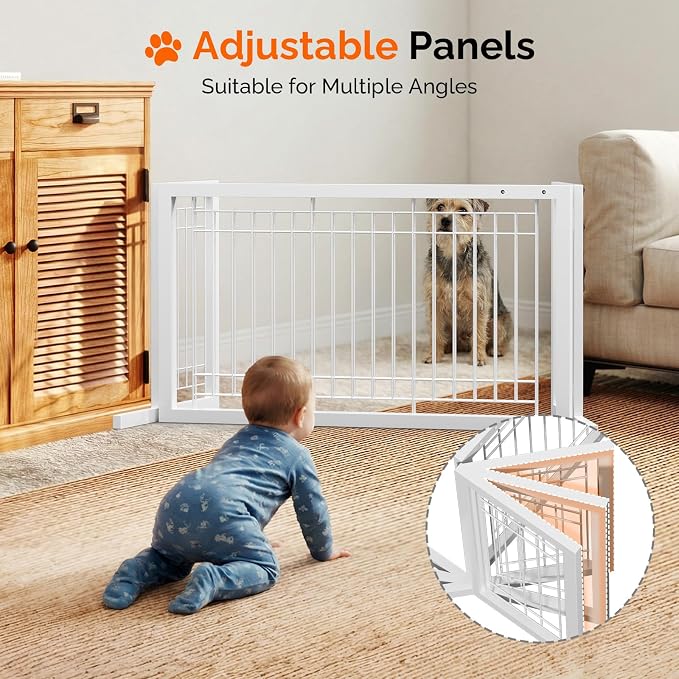 Bonnlo Free Standing Dog Gate, 37" - 68" Wide Pet Gate for Fireplace Stairs Doorways, Metal Adjustable Pet Fence Indoor, Christmas Tree Gate (Metal-White)