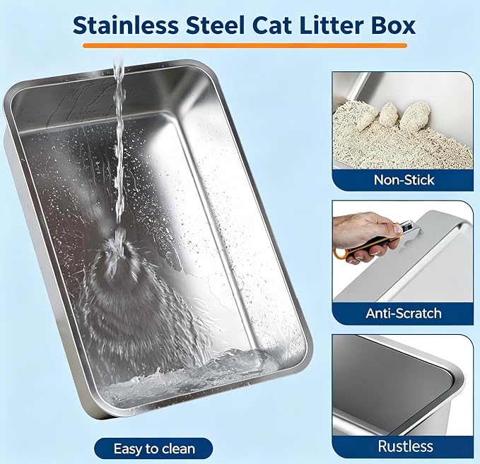 Stainless Steel Cat Litter Box with Lid, Extra Large Covered Metal Litter Box for Big Cats, Removable&Enclosed Design,Non-Stick&Odor-Resistant, Easy Clean, with Scoop&Litter Collecting Mat,Dark Grey