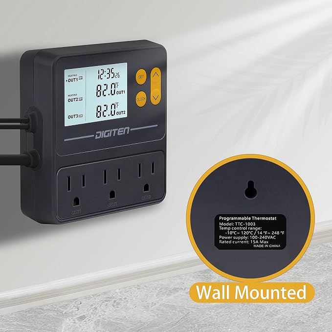 DIGITEN Day-Night Reptile Temperature Controller with Timer | 3-Stage Thermostat Outlet, Cooling & Heating Mode for Terrarium, Ball Python, Bearded Dragon, Heat Mat,Mushroom, Fermentation