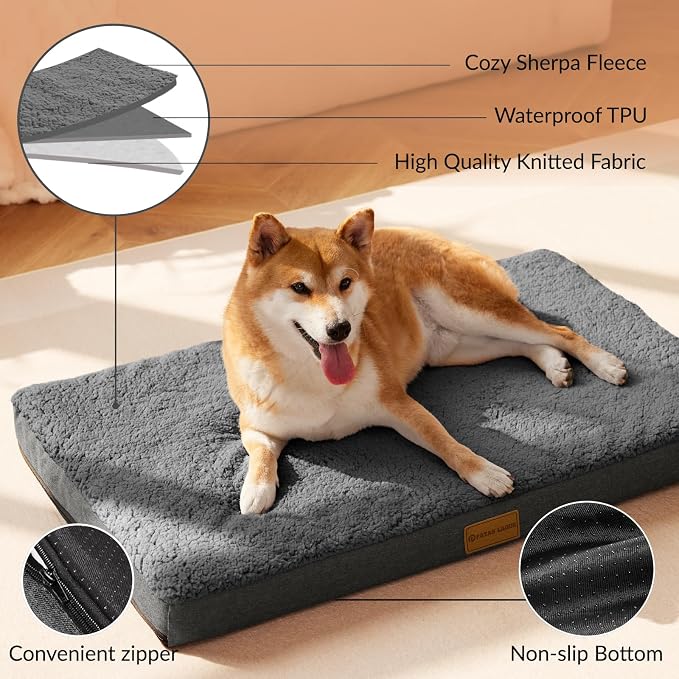 Patas Lague Orthopedic Dog Bed Large Sized Dog 36''X24'',Soft Waterproof Egg Crate Foam Medium Pet Crate Beds Mat with Removable Washable Cover and Non-Slip Bottom, Dark Grey