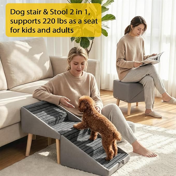 3-in-1 Dog Stairs for Small Dogs 17.32'' H Folding Dog Ramp for Bed Couch Supports 220 lbs Ottoman Footstool Upgraded Pet Stairs for Bed Sofa Anti-Slip Puppy Stairs for Small Dogs Older Injured