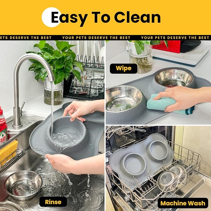 Conlun Dog Bowls with Non-Slip Silicone Mat, Spill Proof Large Food & Water Bowls Set, Easy Clean Dog Food Dish, Dishwasher Safe, Suitable for Dogs Cats Pet Under 90lbs, Large, Grey