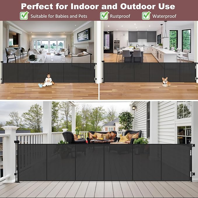 Reinforced 41" Tall × 150" Extra Long Retractable Baby Gate with Support Rods, Indoor Dog Gates for The House Extra Wide Retractable Gate Outdoor Retractable Dog Gate Tall Baby Gates for Dogs, Black