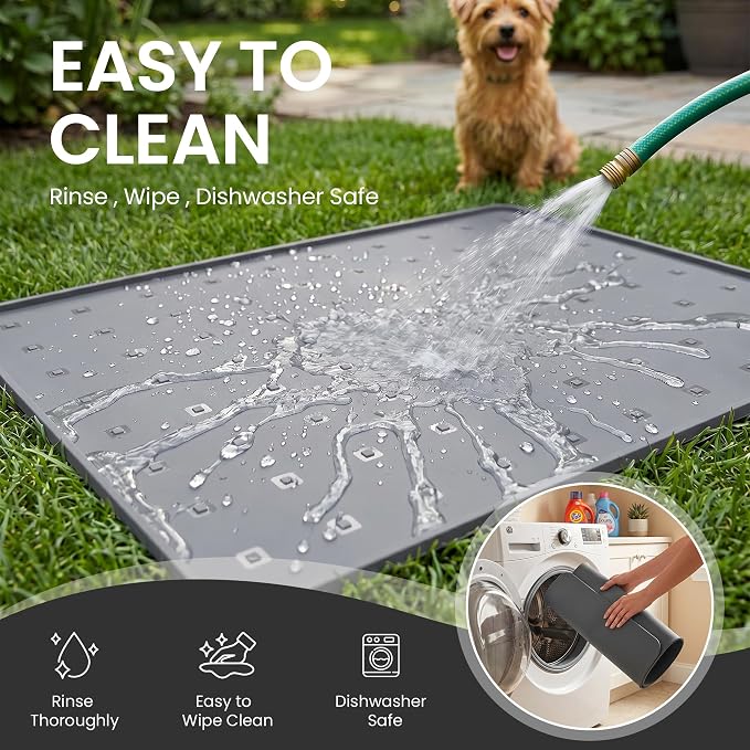 Silicone Pet Feeding Mat, 26x18 Inch Waterproof Dog Bowl Mat – Non-Slip, Machine Washable, Thin 0.28 Inch Edge for Messy Eaters, Protects Hardwood & Tile Floors, Dark Grey