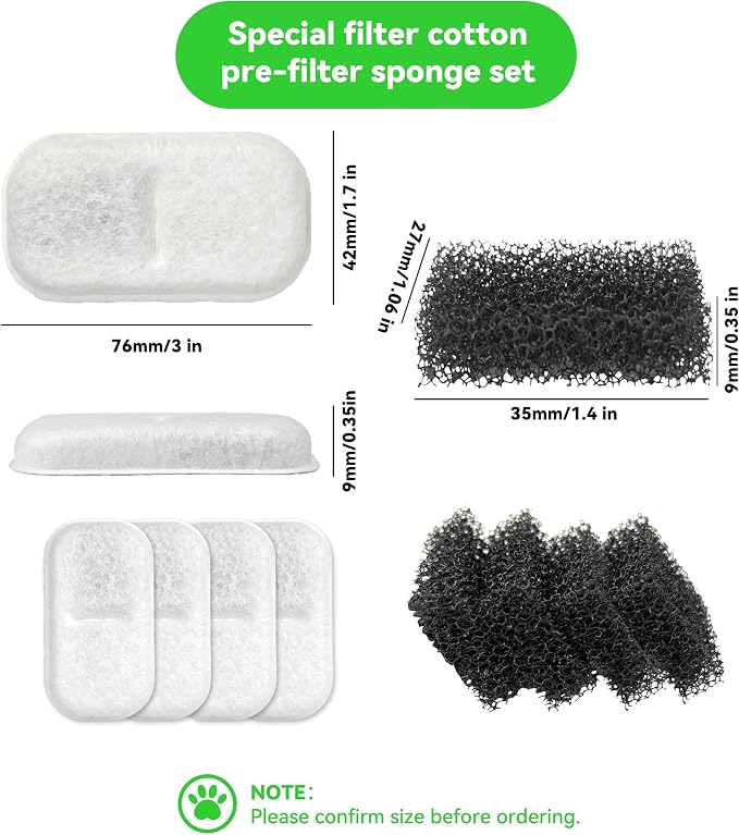 Cat Water Fountain Filter Replacement: 4 Carbon Filters & 4 Foam Sponges Kitty Spout Pump Filters for 108Oz/3.2L & 67Oz/2L Stainless Steel Pet Water Dispenser Cat Dog