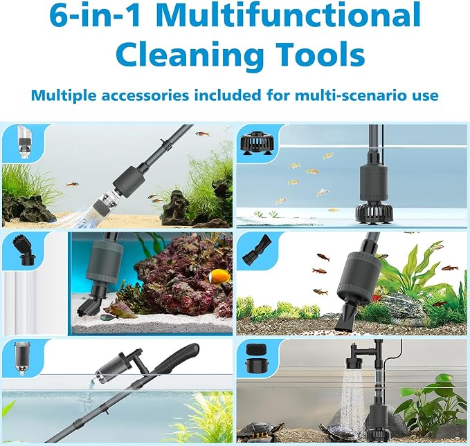 fishkeeper Electric Aquarium Vacuum Gravel Cleaner, 25W 6 in 1 Multifunction Fish Tank Cleaner Kit Gravel Vacuum for Fish Tank Adjustable Flow for Automatic Wash Sand & Water Changer
