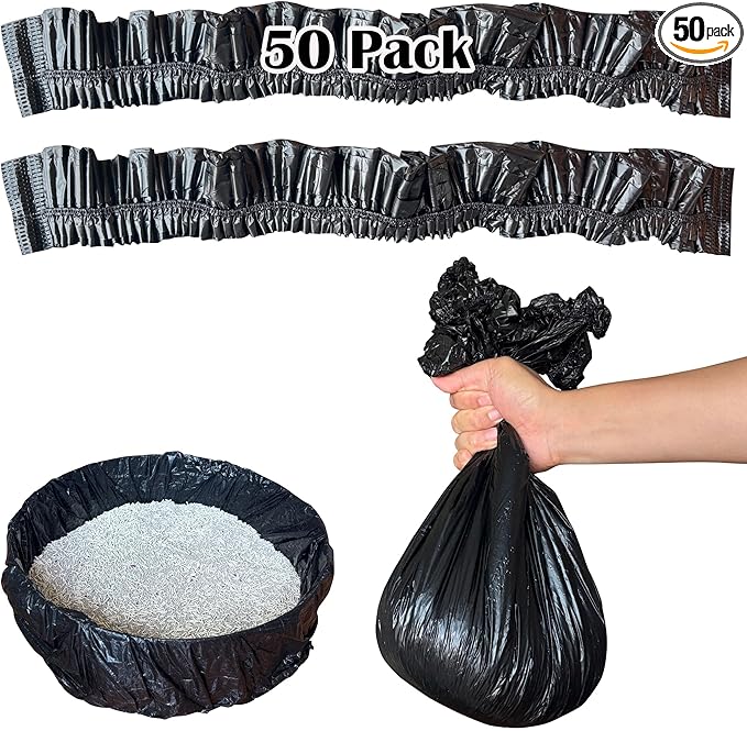 50 Pack Litter Box Liners Compatible with Hooded Litter Box Cat, Elastic Band Trash Bags for Disposal of Cat Waste, Waterproof and Leak Proof (Black)