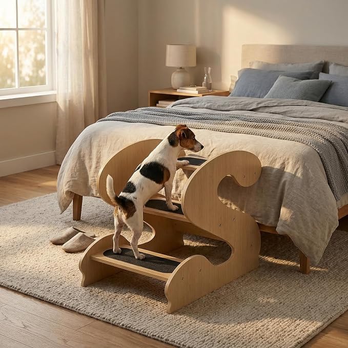 Wood Dog Stairs for Bed and Sofa (YellowMapleGrainPatten) | 3-Step Small Senior Pet 23¼ D x 16¾" W x 19⅜ H,Trainer-Recommended Wood Ramp Steps