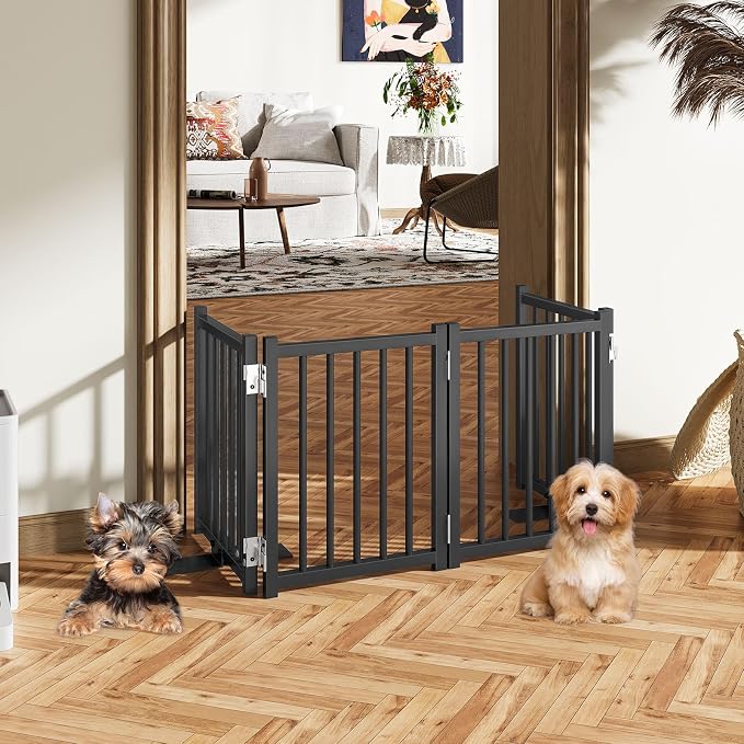 Snughome Short Dog Gate Indoor, 16" High Freestanding Small Dog Door Gate with Support Feet, Expands Up to 48’’ Wide Foldable Pet Gates for Doorway, 4 Panel Folding Pet Door Pet Fence for Puppy, Black