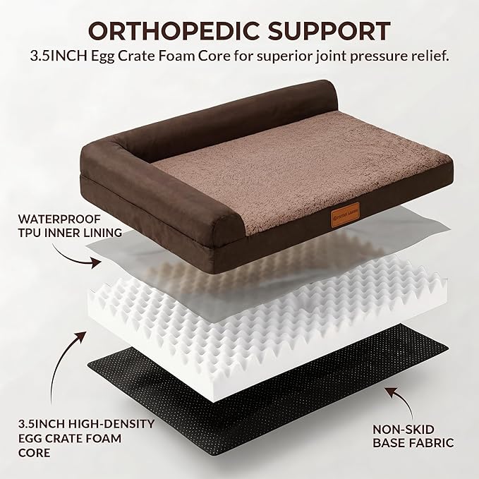 Patas Lague Orthopedic XL Dog Bed Large Sized Dog 42''X28'', Waterproof L Bolster Big Large Pet Sofa Beds with Removable Washable Cover, Soft Pet Couch Crate Mat with Nonskid Bottom, Brown