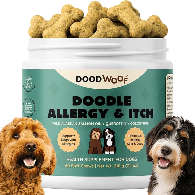 DOOD WOOF Dog Allergy Chews - Itch Relief for Doodles - Vet Formulated - 60 Count Soft Chew Supplement - Skin and Seasonal Allergy Support