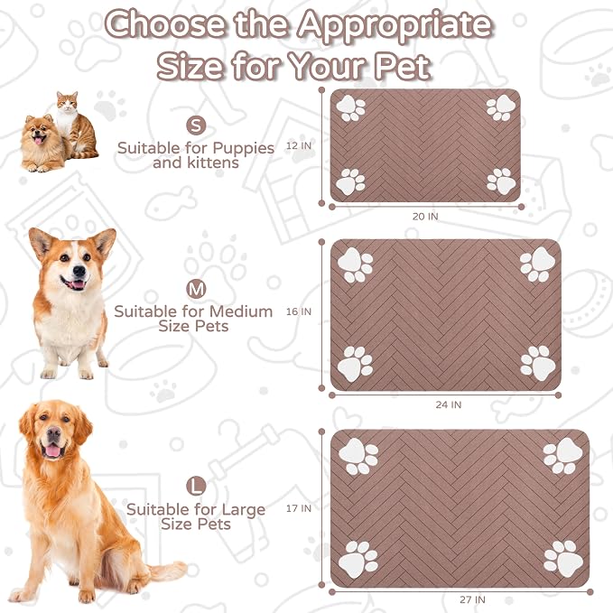 Pet Feeding Mat-Absorbent Dog Feeding Mat for Food and Water Bowl,No Stains Pet Placemat,Quick Drying Water Dispenser Mat for Dog and Cat,Easy to Clean Dog Accessories(M,Dark Brown White Paw)