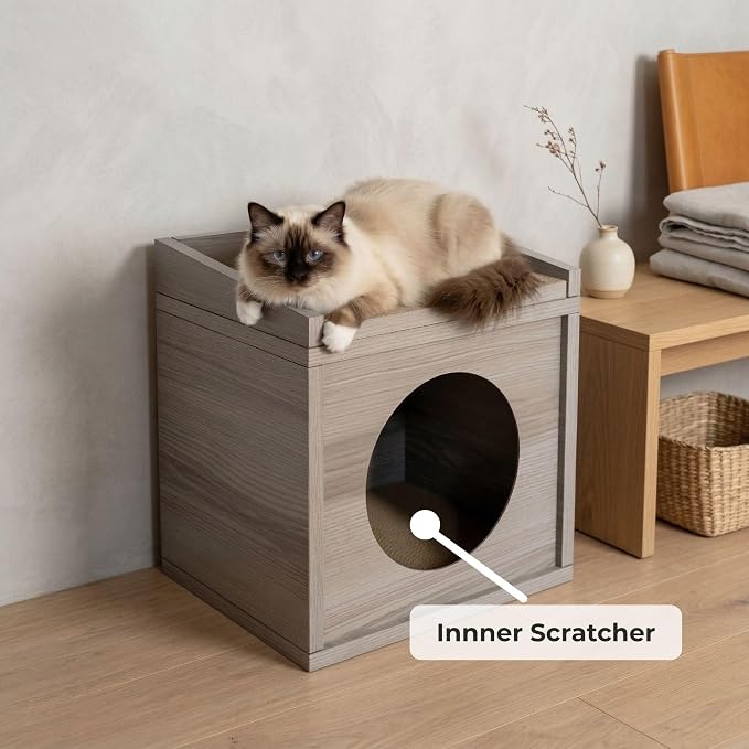 Meowdium Cat House for Indoor Cats – Cat Condo with 5X Longer-Lasting Cardboard Scratcher, 2 Scratcher Levels, Hideout & Top Lounge, Gray