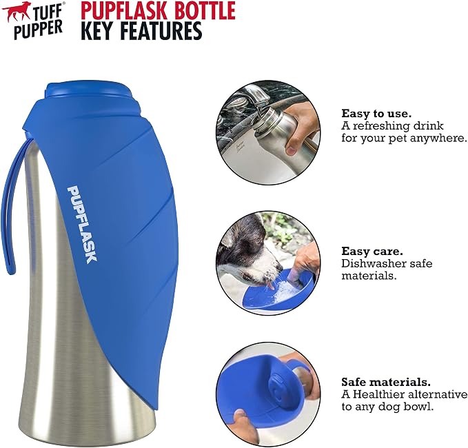 Tuff Pupper Retractable Dog Leash and 27oz Pupflask Portable Water Bottle - Blue