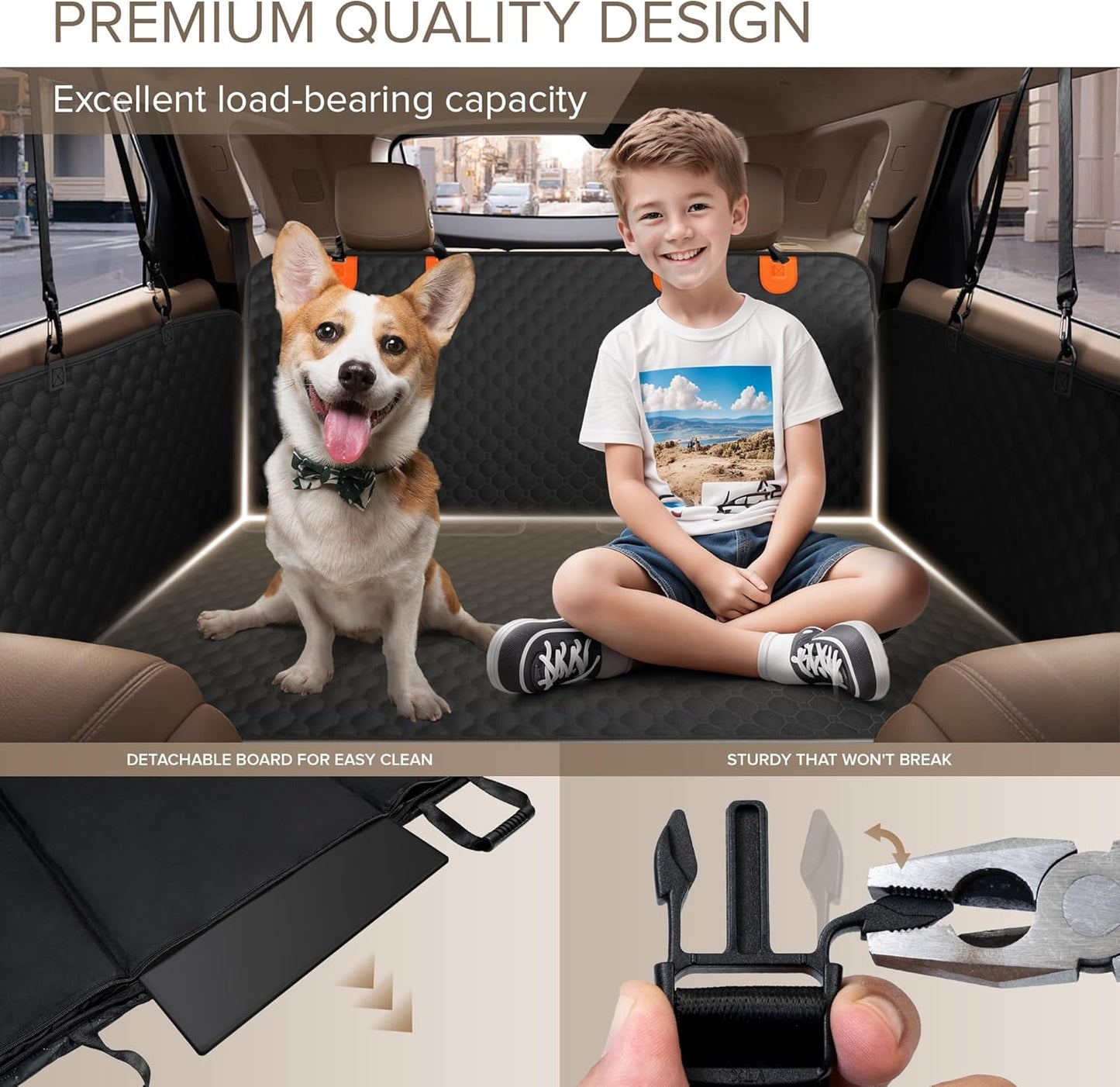Back Seat Extender for Dogs, Heavy Duty Dog Car Seat Cover for Back Seat and Aggressive Chewer, Large Hard Bottom Car Seat Cover for Dogs, Dog Hammock for Car, Travel Pet Car Bed for Car, SUV, Truck