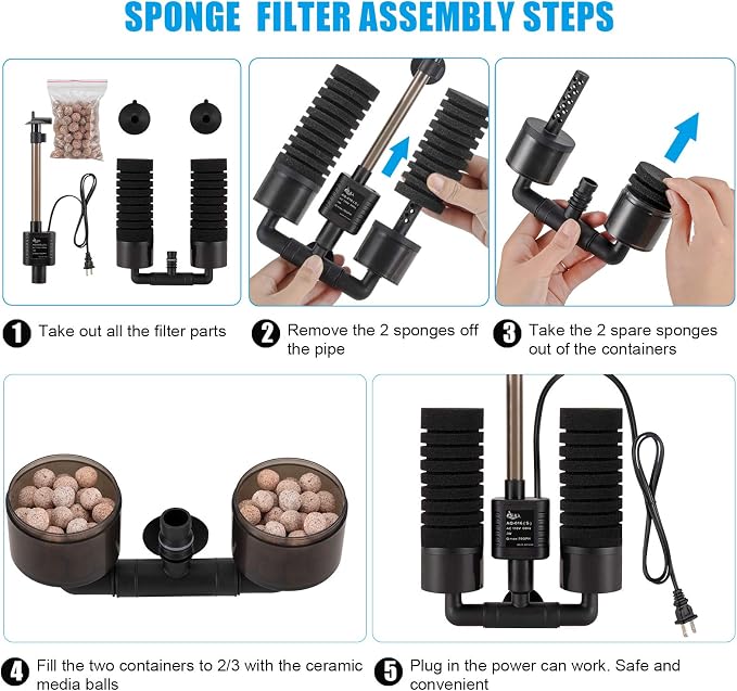 AQQA Aquarium Sponge Filter, Power Driven Double Biochemical Water Filter, Quiet Submersible Foam Filter with 2 Extra Sponges, 1 Bag of Filtered Ceramic Balls for Fresh and Salt Water Fish Tank (S)