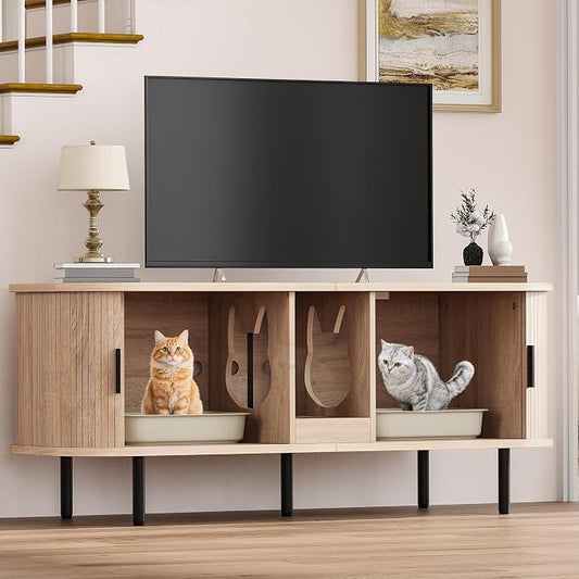 DWVO 55.1in Double Cat Litter Box Enclosure with Power Outlet, Wooden Kitty Litter Box TV Stand Furniture, Litter Box Furniture Hidden for 2 Cats, Light Oak