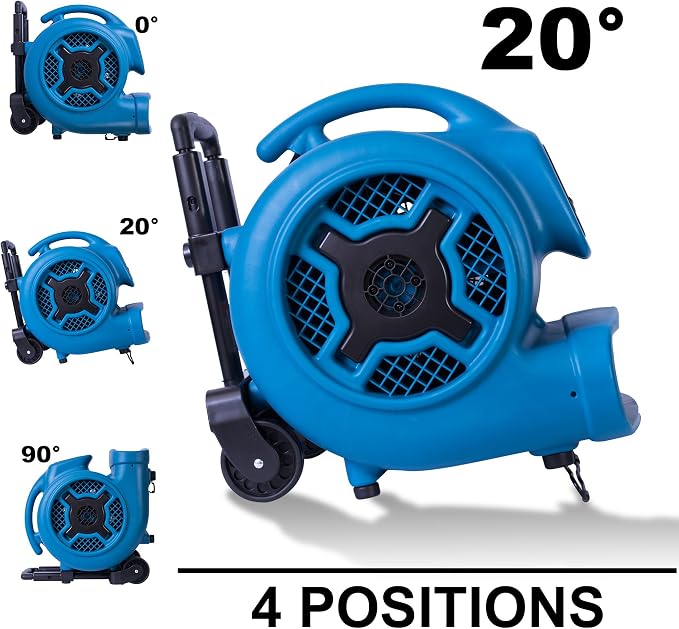 XPOWER P-800H Pro 3/4 HP 3200 CFM Centrifugal Air Mover, Carpet Dryer, Floor Fan, Blower, Telescopic Handle and Wheels, for Water Damage Restoration, Janitorial, Plumbing, Home Use, Blue