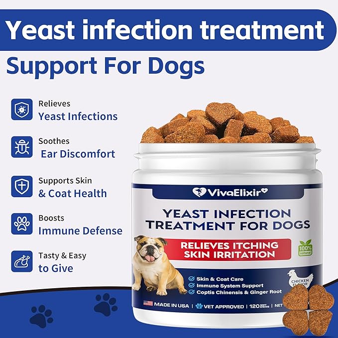 Yeast infection treatment for dogs–Dog ear infection treatment Dog itching skin relief | Caprylic Acid, Pau d’Arco & Goldenseal support Hot spot treatment for dogs Ear Discomfort |120 chewable tablets