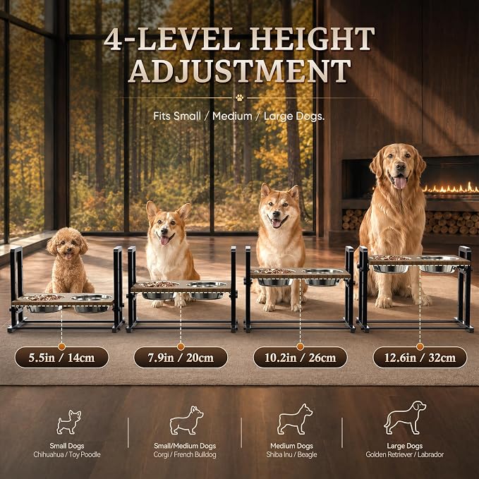 CZPET Elevated Dog Bowls Tilted Platform (0°, 7.5°, 15°), Height Adjustable Dog Bowl Stand, Stable&Sturdy Metal Raised Dog Feeding Station, 2L Large Stainless Steel Bowls for Large Medium Small Dogs