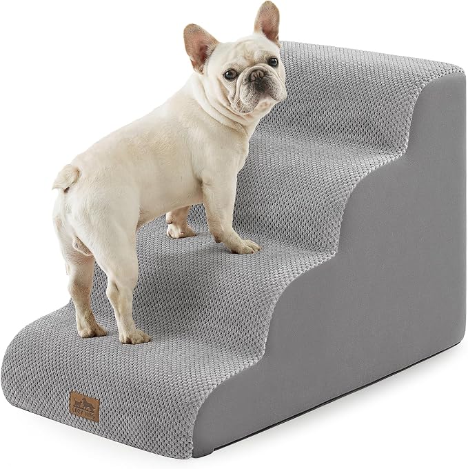 COZY KISS Wide Dog Stairs for Small Dog 19.7" H, Pet Step for Puppy, Older Cat, Curved Ramp for High Bed or Car, Stairs with High Density Foam, Lightweight, Durable, 4 Step, 17.7x28x19.7 inch, Grey