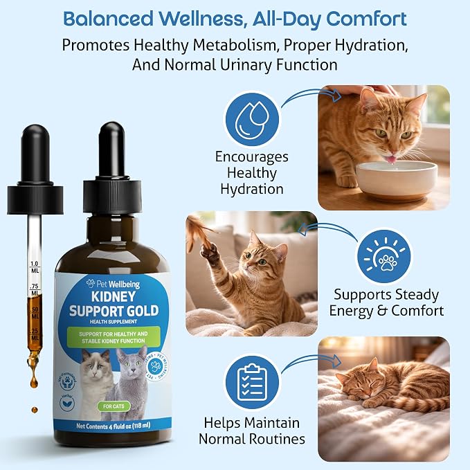 Pet Wellbeing Kidney Support Gold for Cats - Supports Normal Kidney Function & Detox, Healthy Hydration & Energy with Rehmannia & Dong Quai - NASC Certified & Vet-Formulated - 4 oz Liquid Formula