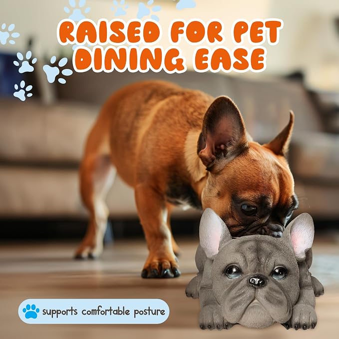 Forest & Twelfth Grey French Bulldog Resin Dog Food Bowl - Elevated Dog Bowl w/Stainless Steel Metal Bowl, Weather Resistant Pet Bowl Dog Dish, No Spill Dog Bowl for Indoor/Outdoor | 3 Cup Capacity