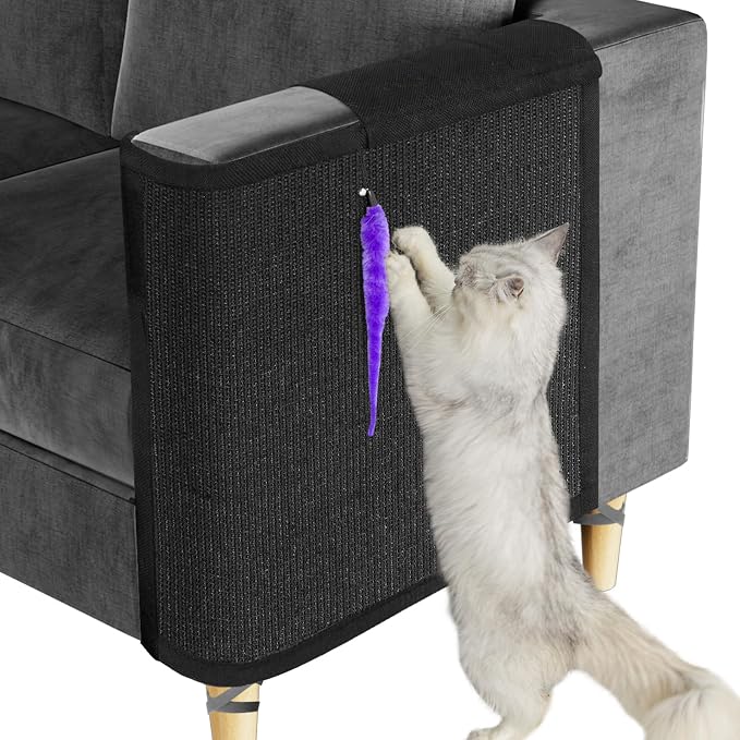 Cat Scratch Couch Protector,Cat Scratch Sofa Armrest Cover with Sisal Mat and Toy for Cats,Sofa Scratcher Furniture Protector 23.6’’L*19.7’’W (Black/Left Hand)