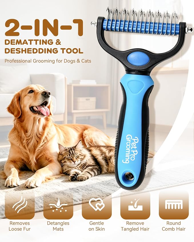 Tool, 2-In-1 Deshedding Dog Brush, Double-Sided Grooming Tool for Thick Coats, Rounded-Tooth Comb for Painlessly Removing Knots and Loose Hair (Blue-Small)