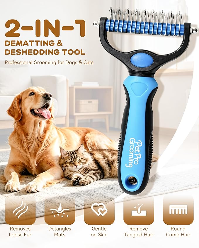 Tool, 2-In-1 Deshedding Dog Brush, Double-Sided Grooming Tool for Thick Coats, Rounded-Tooth Comb for Painlessly Removing Knots and Loose Hair (Blue-Large)