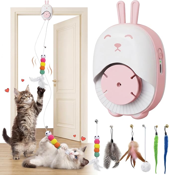 Interactive Cat Toys for Indoor Cats, Automatic Hanging Cat Toys with 6pcs Accessories, 360° Rotating, USB Rechargeable & Auto Pause Electronic Cat Toys for Bored Indoor Adult Cats (Pink)