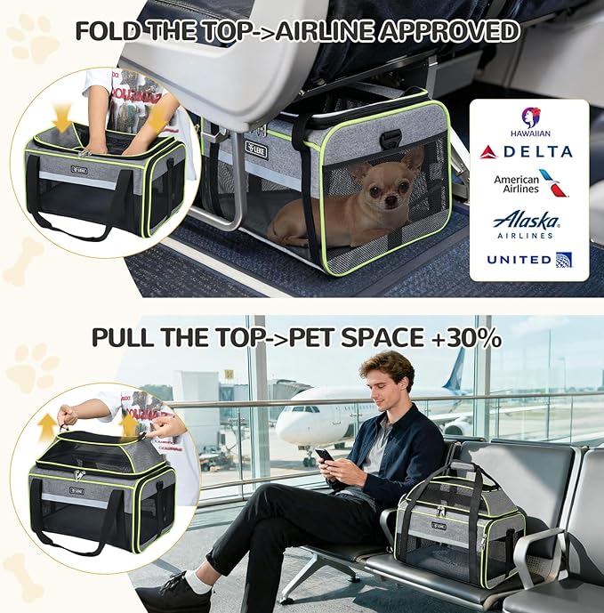 Lekereise Top-Expandable Pet Carrier 17x11x9.5 Inch Alaska Hawaiian Airline Approved Soft Sided Underseat to 12lbs Travel Carriers for Small Dogs and Cats with Locking Safety Zippers Anti-Scratch Mesh