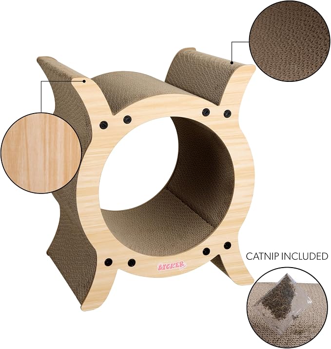 Nyan 16.5" Modern Cardboard Tunnel Cat Scratcher House with Catnip, Corrugated Indoor Cat Hideaway Den, Oak Wood Pattern Scratching Surface for All Cats CSR1007I