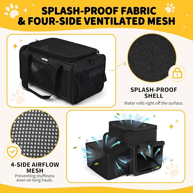 Apollo Walker Cat Carrier Airline Approved, Expandable Travel Pet Carrier with Locking Zippers, Soft-Sided for Small Medium Pets, Foldable Portable Pet Travel Bag (Black)