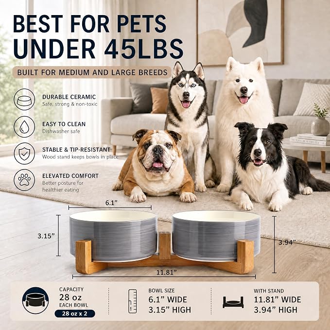 Petygooing Dog Bowls,Ceramic Cat Dog Bowl Set with Wood Stand for Food and Water,Non-Slip Weighted Cute Pet Dish Set for Cats and Medium Size Dogs (28OZ/6.1 in) Grey White