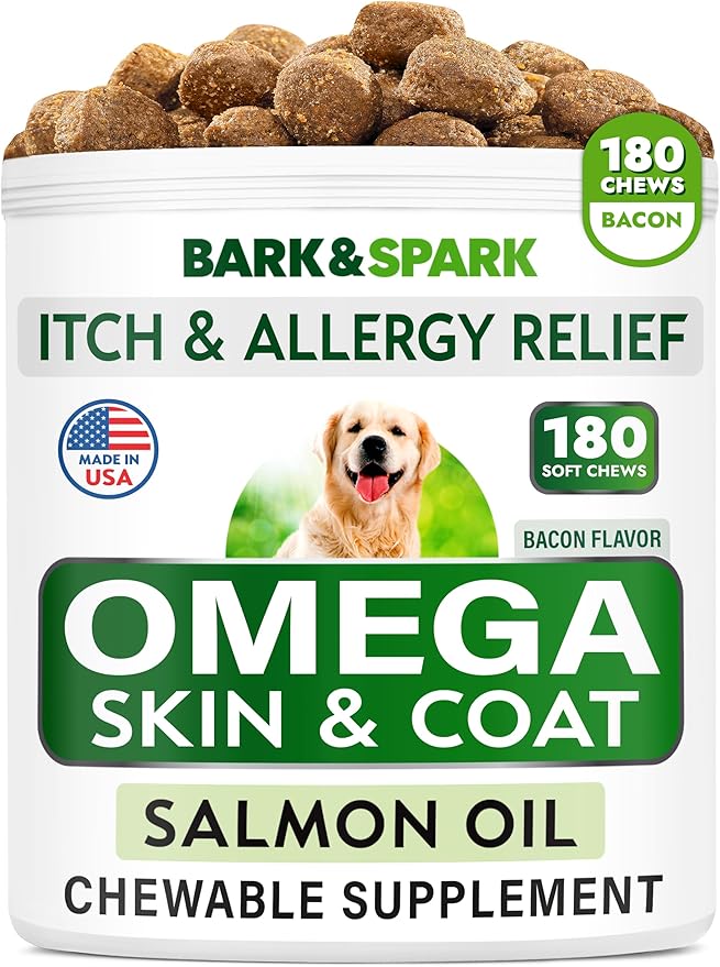 Omega 3 for Dogs and Cats - 180 Fish Oil Treats for Dog Shedding, Skin Allergy, Itch Relief, Hot Spots Treatment - Joint Health - Skin and Coat Supplement - EPA & DHA Fatty Acids - Salmon Oil - Bacon