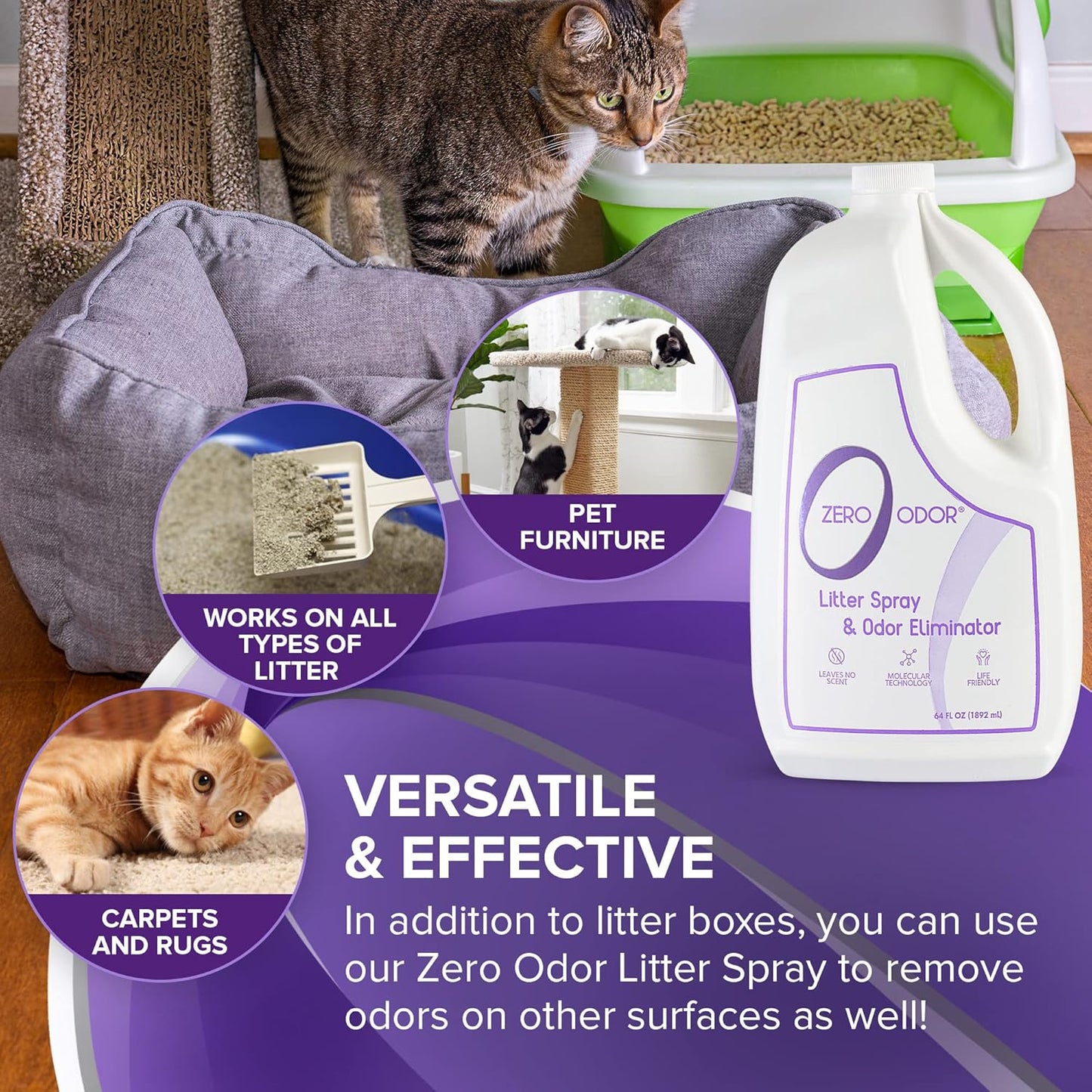 Zero Odor – Litter Odor Eliminator - Patented Molecular Technology - Pet Safe & Works on all types of litter, 64oz Refill