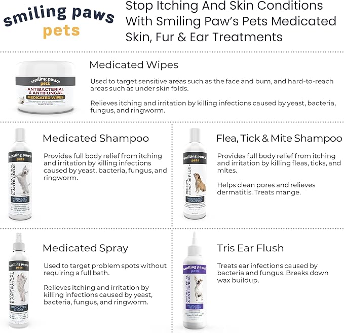 Smiling Paws Pets - Antibacterial & Antifungal Wipe for Dogs & Cats - Contains Ketoconazole & Chlorhexidine - Skin Treatment for Yeast Infection, Ringworm, Pyoderma, Bacteria & Fungus - 50ct (2 Pack)