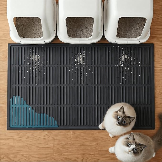 Extra Large Litter Mat: XL 39"x29" Silicone Waterproof Groove Design Litter Trapping Mat Easy to Clean for Multiple-Cats - Jumbo Non-Slip Cat Box Rug for Floor (Black)