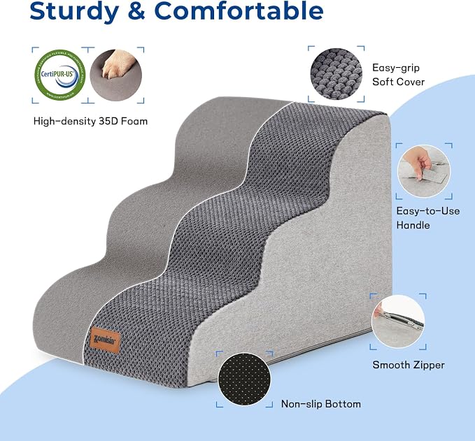 ZOMISIA Dog Stairs for Small Dogs - Pet Stairs for Couch and Bed, 35D Foam Dog Steps Ramp with Non-Slip Bottom Beige, 3 Steps