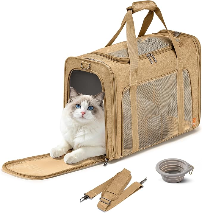 Soft-Sided Pet Carrier Bag Large 21.6 inch Dog Carrier Cat Carriers for Medium Cats Dogs Puppies (Up to 26lbs) Collapsible 22x16x10 Travel Puppy Carrier with Foldable Bowls Khaki