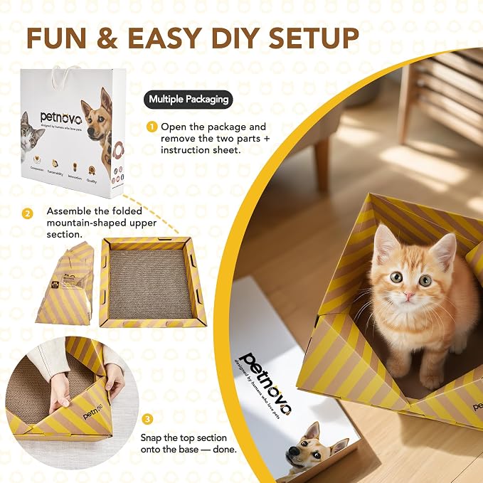 PETNOVO Foldable Cardboard Cat House Bed for Indoor Cats, Collapsible Cat Hideaway with Corrugated Scratcher Insert, Low Entry, Paper Build, 18.5 x 18.5 x 11.8 in, Yellow