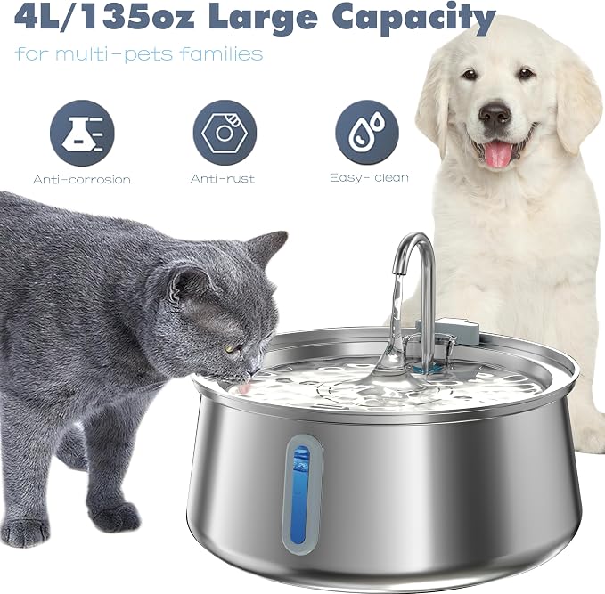 Homtyler Stainless Steel Cat Water Fountain,Pet Water Fountain 4L/135oz Large Capacity,Dog Water Dispenser with Water Level Window, Multiple Filtration, Quiet Automatic Pet Fountain Easy Clean,1Faucet