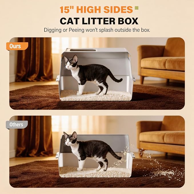 Extra Large Enclosed Stainless Steel Litter Box with Lid，Side Entry Top Exit High Sided Metal Cat Litter Pan，Non-Stick Easy Cleaning Anti-Urine Leakage for Big Cats，Includes Scoop & Step, Grey
