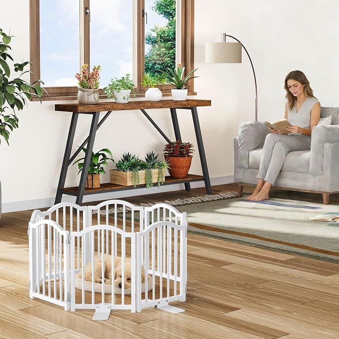 Snughome 2 Pack Short Dog Gate Indoor, 16" High Freestanding Small Dog Gates with Support Feet, Expand Up to 48’’Wide Foldable Pet Gate for Doorway, 8 Panel Pet Door Pet Fence for Puppy, White