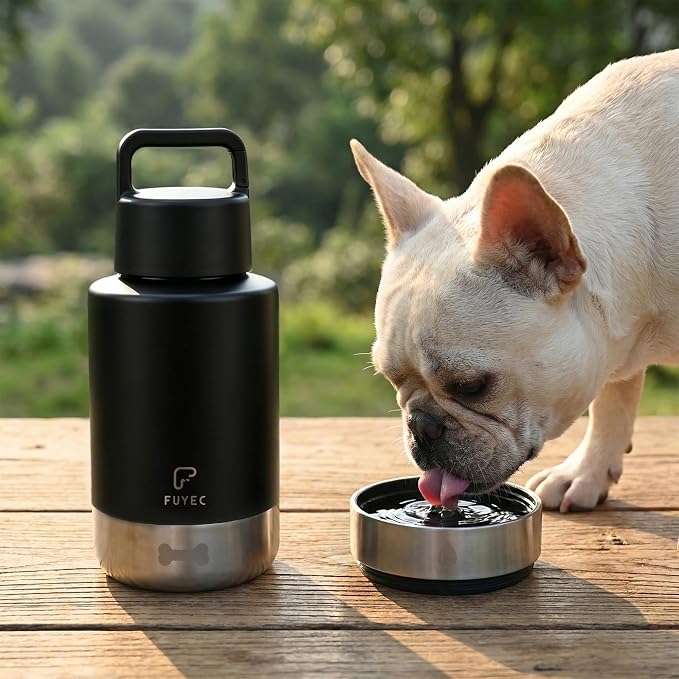 Dog Water Bottle 32oz, Insulated Stainless Steel Travel Water Dispenser with 2 Detachable Dog Bowls for Food and Water, Leak Proof Portable Pet Drinking Cup for Walking Hiking Camping